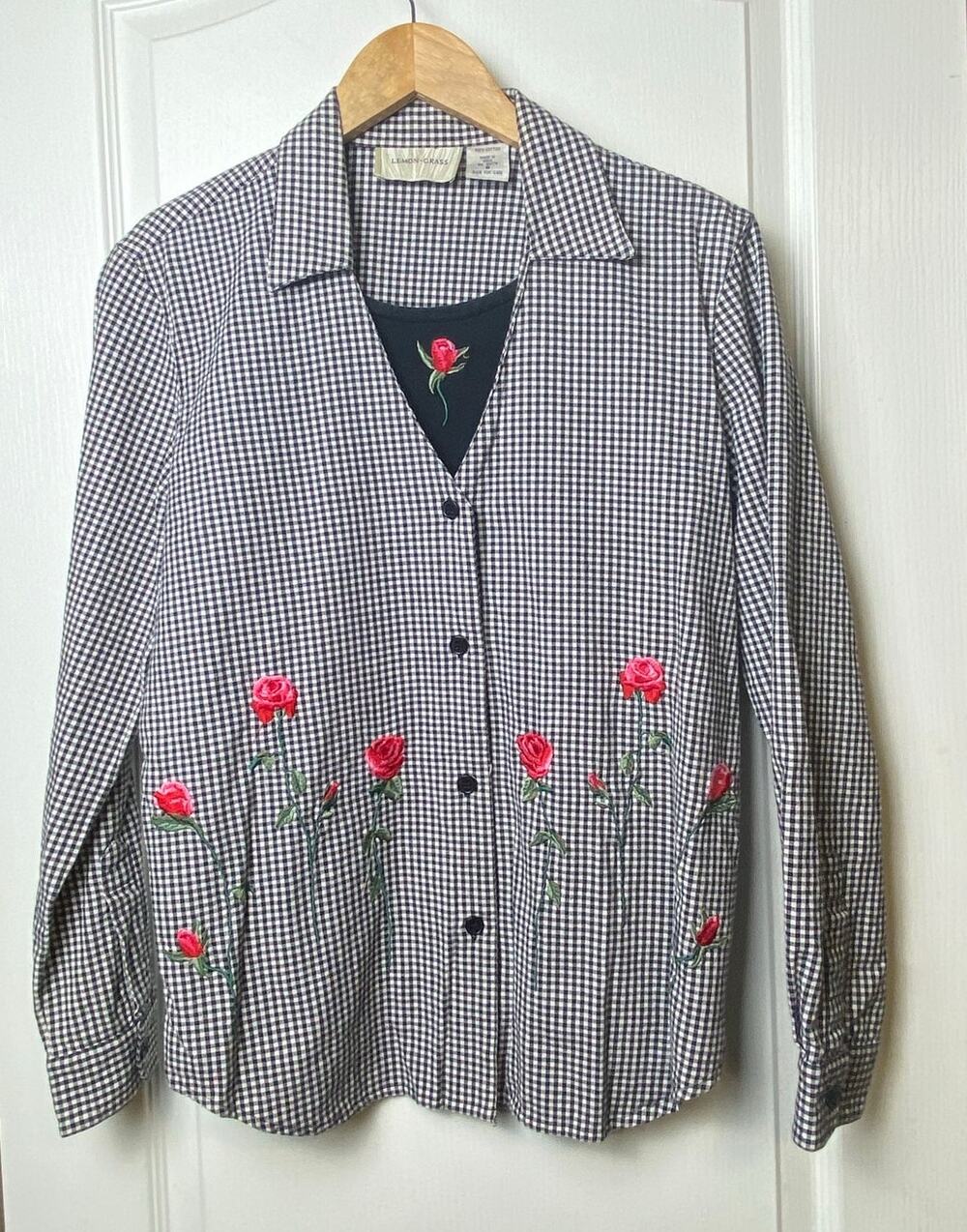 Lemon Grass Black Gingham Floral Embroidered Coquette Cottagecore Top Size Small